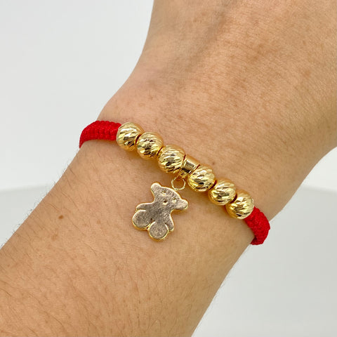 Pulsera tejida Dije Oso TS / BD 6uni 7mm / Hilo Rojo Oro amarillo 18k 2 Gr *