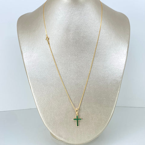 Set Cadena ● China + Dije Cruz Circones Verdes Oro amarillo 18k 2,7 Gr / 1 mm / 50 Cm †