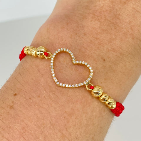 Pulsera tejida Herraje Corazon Circones Blancos / BD 5/4mm 8uni / Hilo Rojo Oro amarillo 18k 1,65 Gr *