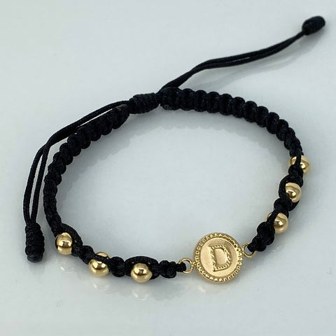 Pulsera tejida Herraje Letra D / BL 6uni 5mm / Hilo Negro Oro amarillo 18k 1,2 Gr *