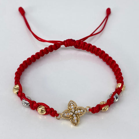 Pulsera tejida Herraje Trebol Circones Blancos / BD 6uni 5mm / Hilo Rojo Oro amarillo y Oro blanco 18k 1,88 Gr *