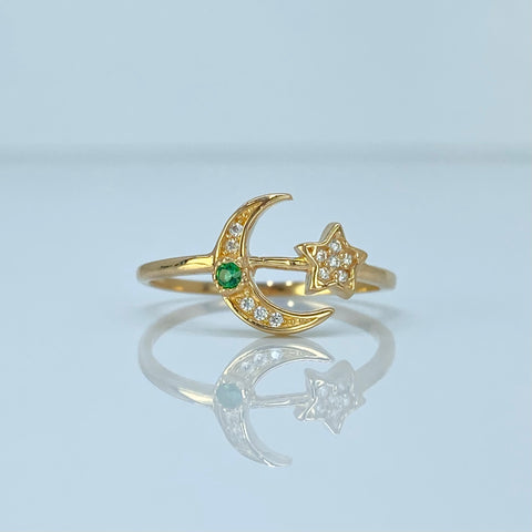 Anillo Luna Estrella Circones Blancos Verde Oro amarillo 18k / Talla 7 1/2 / 1,76 Gr †