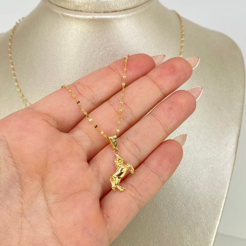 Set Cadena ● Flor Espejo Crispeta + Dije Caballo Oro amarillo 18k 1,5 Gr / 1,5 mm / 50 Cm *