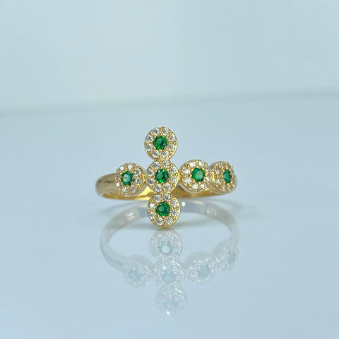 Anillo Cruz Circulos Circones Blancos Verdes Oro amarillo 18k / Talla 7 3/4 / 2,49 Gr