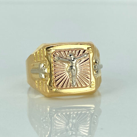 Anillo Cristo Diamantado Tres oros 18k / Talla 9 3/4 / 3,69 Gr