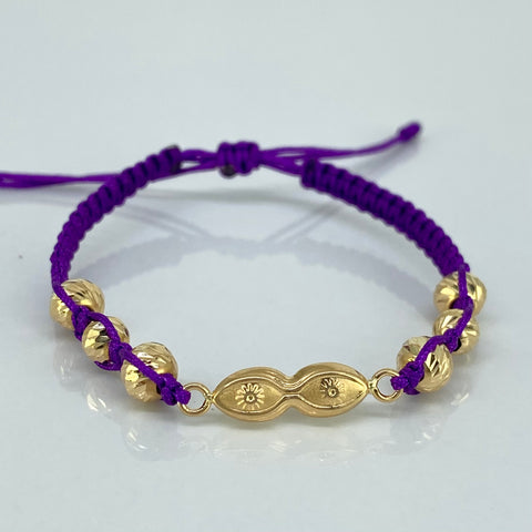 Pulsera tejida Herraje Ojos Santa Lucia / BD 6uni 5mm / Hilo Morado Oro amarillo 18k 1,34 Gr *