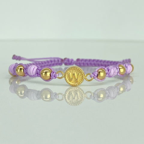 Pulsera tejida Herraje Letra W / BL 6uni 5mm / Hilo Lila Neopreno Oro amarillo 18k 1,02 Gr *