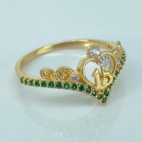 Anillo Tiara 15años Circones Verdes Blancos Oro amarillo y Oro blanco / Talla 6 1/4 / 2,1 Gr