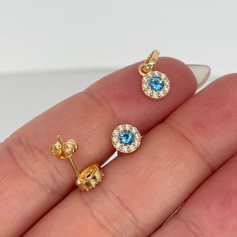 Dije Circulo + Topos Circones Blancos Celeste Oro amarillo 18k 2 Gr / 6,2 mm / 1,3 Cm *