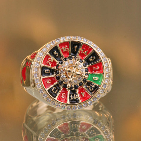 Anillo Ruleta Circones Blancos Negros Oro amarillo 18k / Talla 10 1/2 / 8,2 Gr †