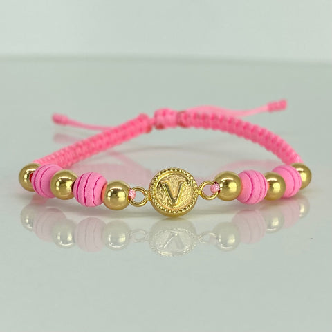 Pulsera tejida Herraje Letra V / BL 6uni 5mm / Hilo Rosa Oro amarillo 18k 1,05 Gr †
