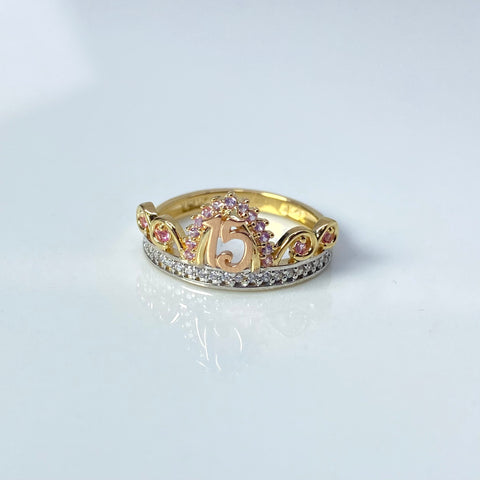 Anillo 15 Años  Circones Rosas Tres oros 18k / Talla 6 / 2,79 Gr †