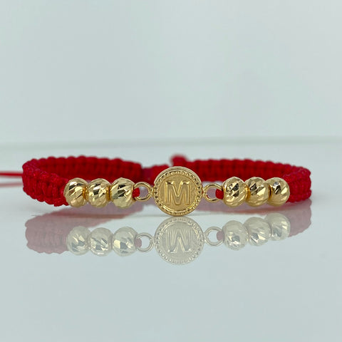 Pulsera tejida Herraje Letra M / BD 6uni 5mm / Hilo Rojo Oro amarillo 18k 1,14 Gr *