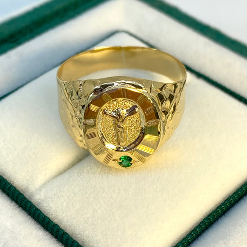 Anillo Cristo Fondo Diamantado Circón  Verde Oro amarillo 18k / Talla 11 1/2 / 3,72 Gr