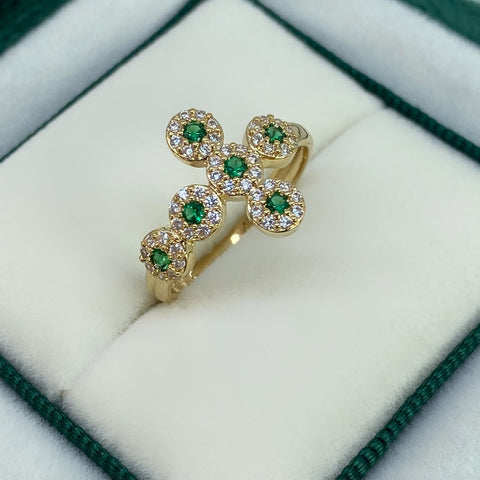 Anillo Cruz Circones Blancos Y Verdes Oro amarillo 18k / Talla 6 1/4 / 2,51 Gr