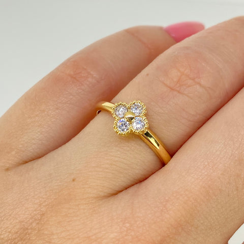 Anillo Trebol Circones Blancos Oro amarillo 18k / Talla 7 1/4 / 1,35 Gr *