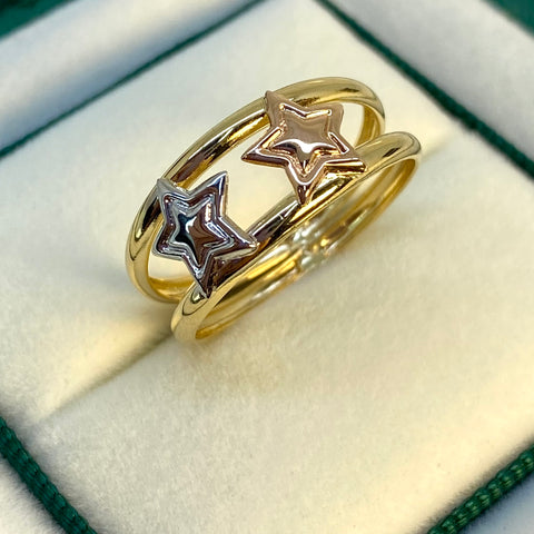 Anillo Estrellas Doble  Línea Tres oros 18k / Talla 7 1/2 / 1,83 Gr †
