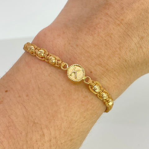 Pulsera tejida Herraje Letra K / BD 6uni 4mm / Hilo Beige Oro amarillo 18k 0,86 Gr *