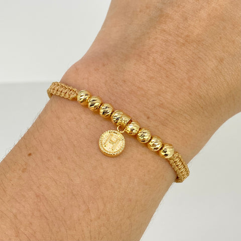 Pulsera tejida Dije Letra H / BD 8uni 5mm / Hilo Beige Oro amarillo 18k 1,18 Gr *