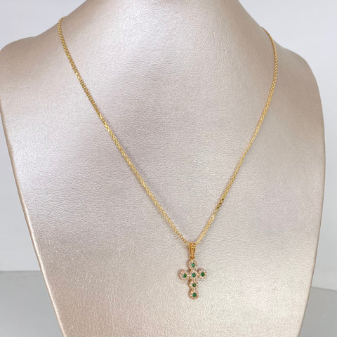 Set Cadena ● China + Dije Cruz Circones Blancos Verdes Oro amarillo 18k 3,65 Gr / 1,7 mm / 50 Cm