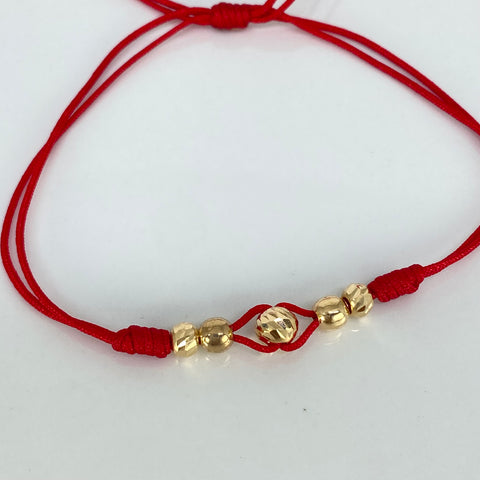 Parejas Pulsera tejida Bolas Lisas 2uni 4mm Bolas Diamantadas 3uni 3/4mm / Hilo Rojo Oro amarillo 18k 1,0 Gr *