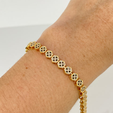 Pulso Tennis Circones Blancos Negros NAC ESP Oro amarillo 18k +1 / 15,66 Gr / 5,5 mm / 18,5 Cm †