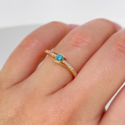 Anillo Solitario Circon Azul Blancos Oro amarillo / Talla 7 1/4 / 1,75 Gr *