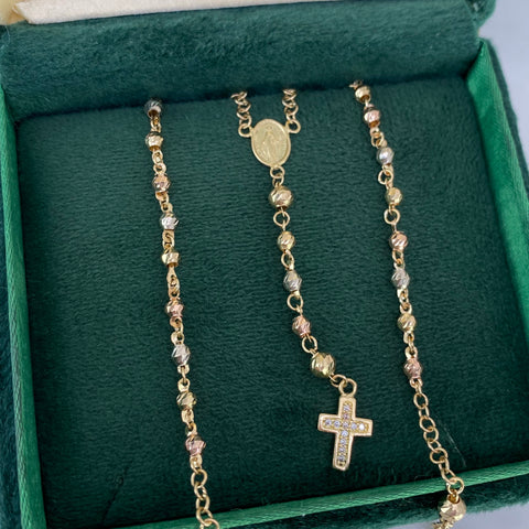 Rosario Bolas Diamantadas Virgen Milagrosa Circones Blancos Tres oros 18k 7,26 Gr / 4 mm / 50 Cm