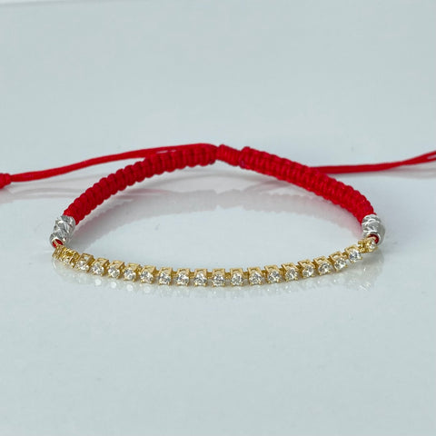 Pulsera tejida Herraje Circones Blancos / BD 6uni 4mm / Hilo Rojo Oro amarillo y Oro rosa 1,73 Gr