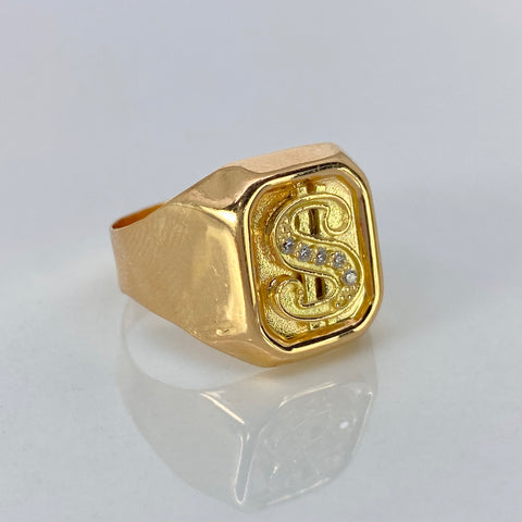 Anillo Sello Signo Dolar Circones Blancos Oro amarillo / Talla 8 3/4 / 3,75 Gr †