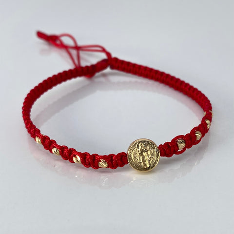 Pulsera tejida Pareja Herraje San Benito / BD 8uni 3mm / Hilo Rojo Oro amarillo 1,25 Gr *