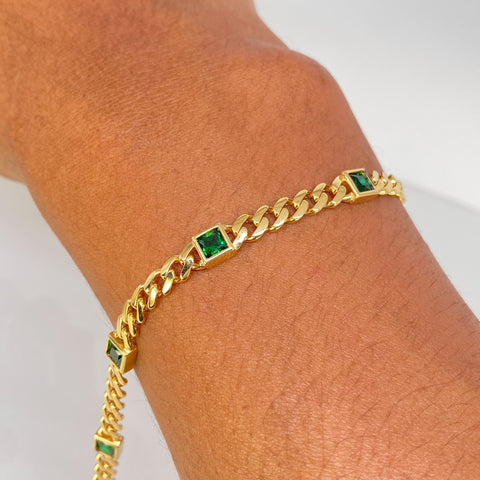 Pulso ● Cubano Monaco Circones Verdes Blancos Oro amarillo 18k +4 / 8,85 Gr / 5,3 mm / 19,5 Cm *
