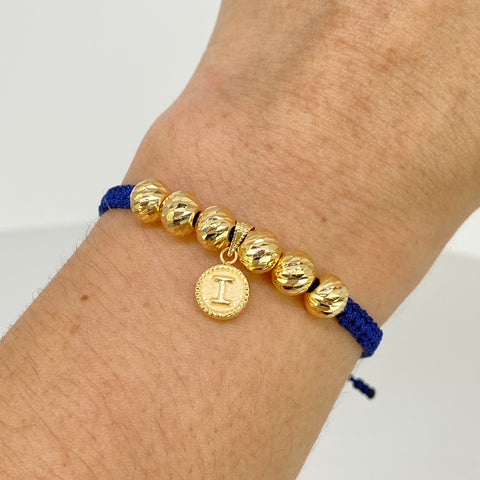 Pulsera tejida Dije Letra I / BD 6uni 7mm / Hilo Azul Oro amarillo 18k 1,71 Gr *