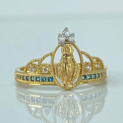 Anillo Virgen Milagrosa Circones Blancos Celestes Oro amarillo / Talla 6 3/4 / 2,41 Gr †