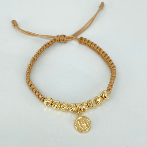 Pulsera tejida Dije Letra H / BD 8uni 5mm / Hilo Beige Oro amarillo 18k 1,18 Gr *