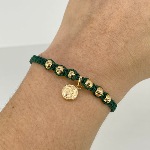 Pulsera tejida Dije San Benito / BD 6uni 5mm / Hilo Verde Oro amarillo 18k 1,0 Gr *
