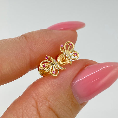 Topos Mariposa Circones Blancos Fucsias Oro amarillo 18k 0,65 Gr / 5,5 mm †