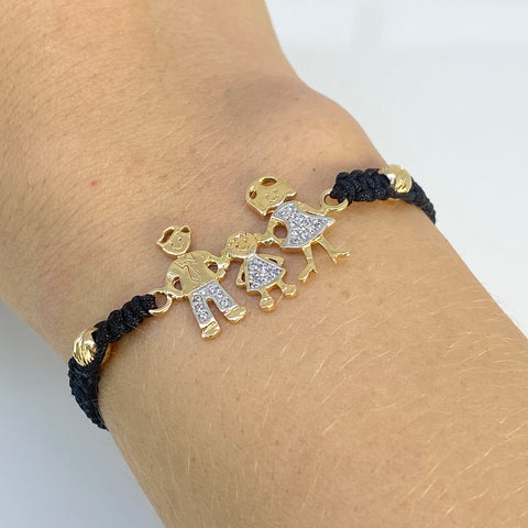 Pulsera tejida Familia Circones Blancos Hilo Negro Oro amarillo 18k 3,0 Gr *