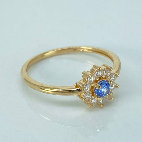 Anillo Flor Circones Blancos Celeste Oro amarillo / Talla 5 1/2 / 1,7 Gr †