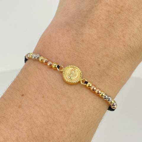 Pulsera tejida Herraje Vigen Guadalupe / BL 18uni 3mm / Hilo Negro Tres oros 18k 1,57 Gr †