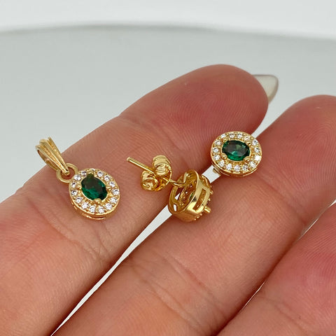 Dije Ovalado + Topos Circones Blancos Verdes Oro amarillo 18k 3,25 Gr / 6,6 mm / 1,6 Cm *