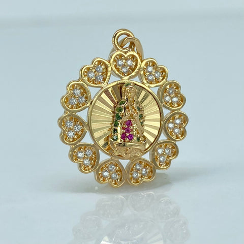 Dije Virgen Guadalupe Circones Blancos Corazones Oro amarillo 3,75 Gr / 3,8 Cm †