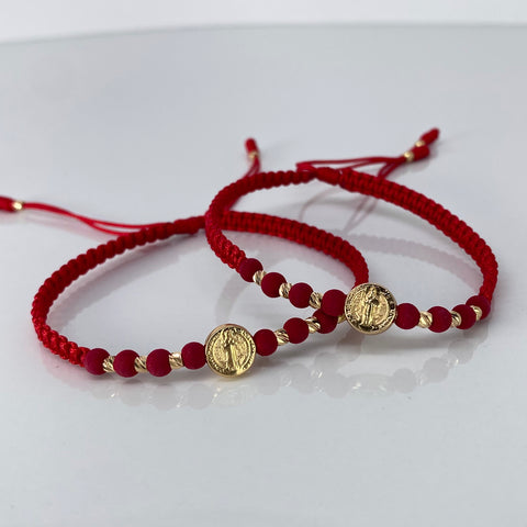 Pulsera tejida Pareja Herraje San Benito / BD 8uni 3mm / Hilo Rojo Oro amarillo 1,25 Gr *