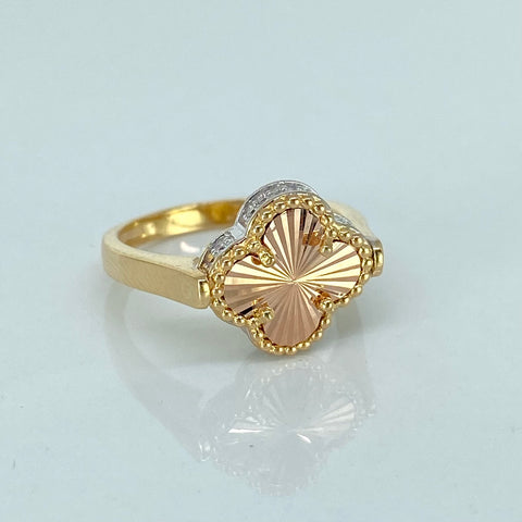 Anillo Trebol Diamantado Articulable Circones Blancos Tres oros 18k / Talla 5 / 3,5 Gr *