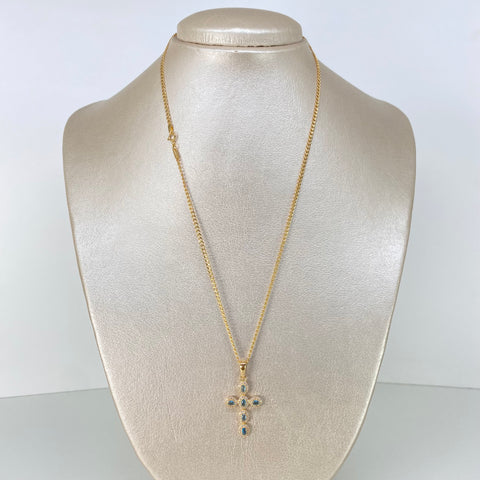 Set Cadena ● Cubana + Dije Cruz Circones Blancos Azules Oro amarillo 18k 3,6 Gr / 2 mm / 45 Cm †