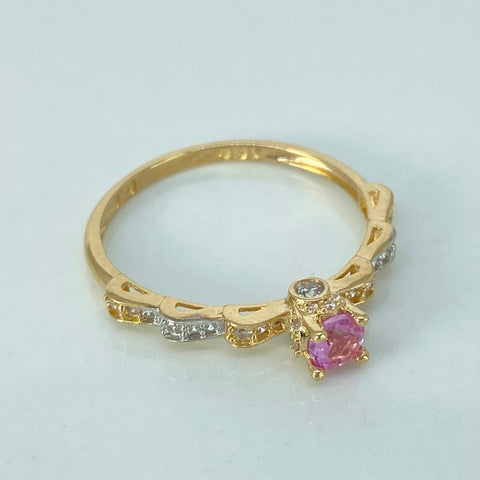 Anillo Solitario Cintas Circones Blancos Rosas Oro amarillo y Oro blanco / Talla 7 1/4 / 2,1 Gr *