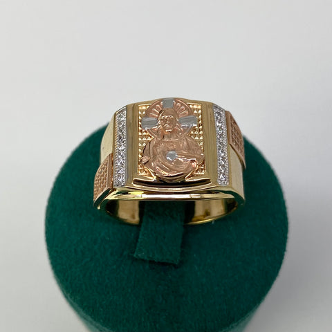 Anillo Cuadro Cruz Cristo Circones Blancos Tres oros 18k / Talla 9 1/2 / 10,00 Gr