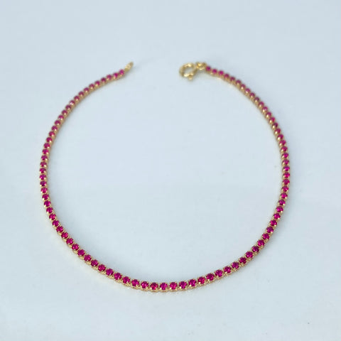 Pulso ● Mini Tennis Circones Fucsias Oro amarillo 18k +4 / 1,55 Gr / 1,5 mm / 18 Cm †