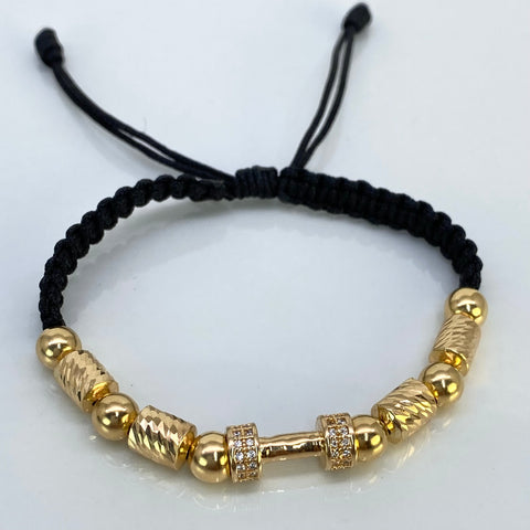 Pulsera tejida Pesa / Cilindros / Bolas Lisas 6 Und 6 mm Hilo Negro Oro amarillo 18k 4,66 Gr †