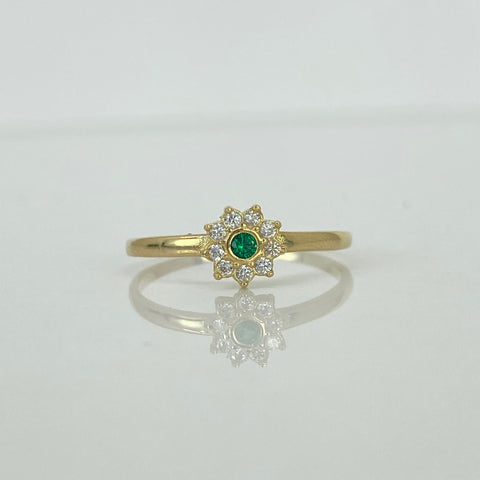 Anillo Flor Circones Blancos Verde Oro amarillo 18k / Talla 7 / 1,52 Gr *